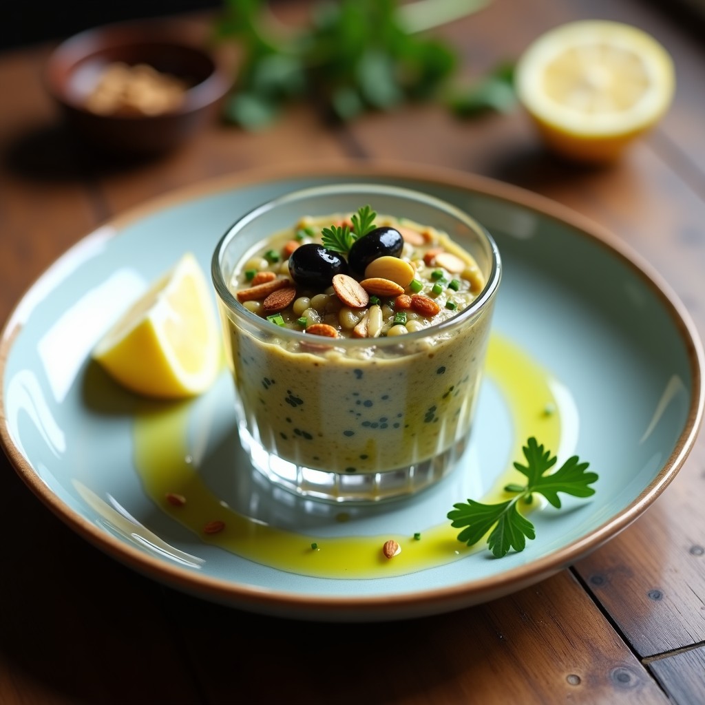 Copa de cristal transparente con tartar de alcachofas y aceitunas negras trufado, decorado con almendras tostadas y cebollino, sobre fondo rústico de madera.