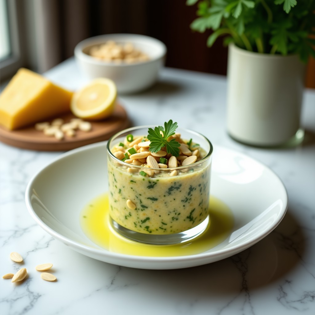 Plato blanco con tartar de alcachofas y corazón de palma en cubos, bañado en vinagreta de mostaza, decorado con almendras tostadas y perejil fresco. Entrante francés sin cocción, elegante y colorido.
