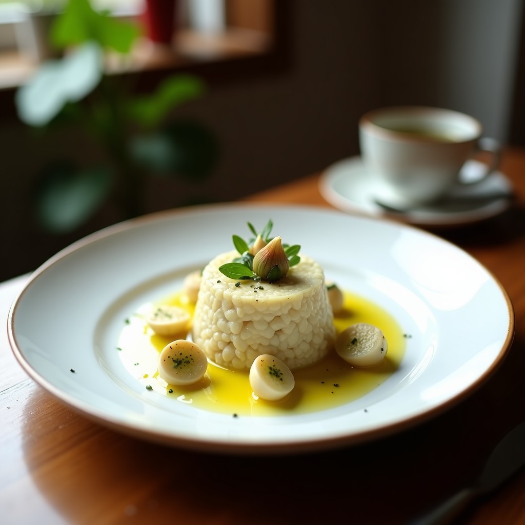 Plato blanco elegante con tartar de alcachofas y corazones de palma finamente picados, decorado con perejil fresco, almendras fileteadas y un hilo de aceite de trufa negra. Acompañado de tostadas de pan sin gluten y microvegetales.