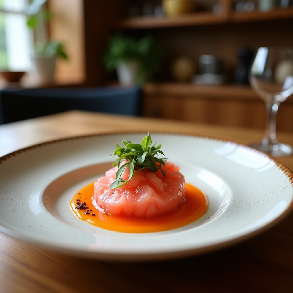 Tartar de alga wakame y pomelo rosa en copa de cristal transparente, con aderezo de yuzu brillante, decorado con semillas de sésamo tostadas y hojas de cilantro fresco sobre fondo blanco minimalista.