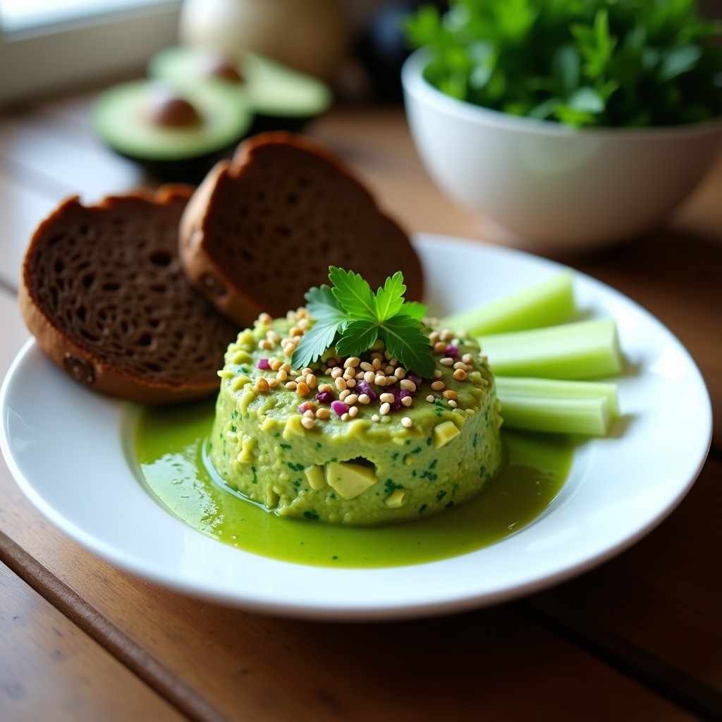 Plato blanco con tartar de aguacate y espirulina, de color verde intenso, decorado con semillas de sésamo y cilantro fresco, acompañado de bastones de apio y pan de centeno.