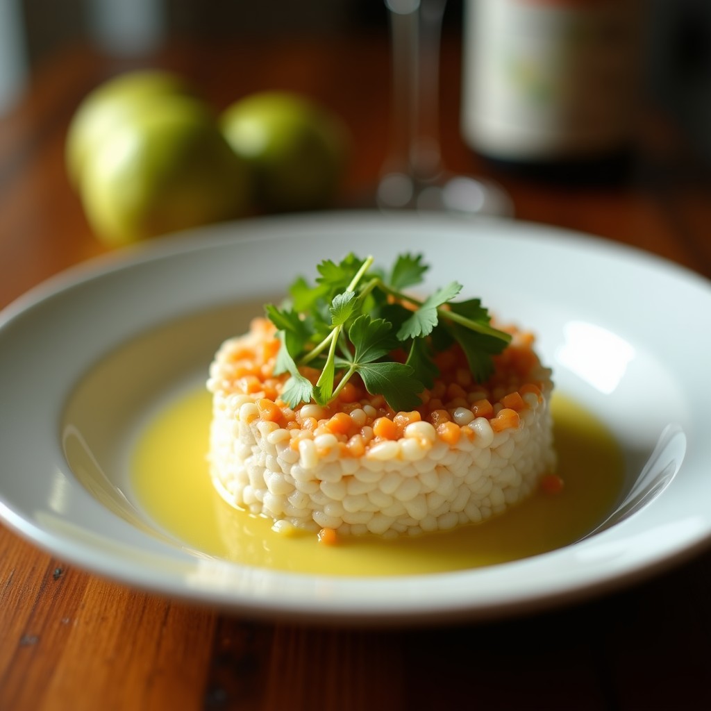 Copa de cristal con tartar de algas marinas verdes y moradas, aguacate en cubos, semillas de sésamo y cilantro fresco, acompañado de rodajas de limón yucateco sobre una mesa de madera rústica.
