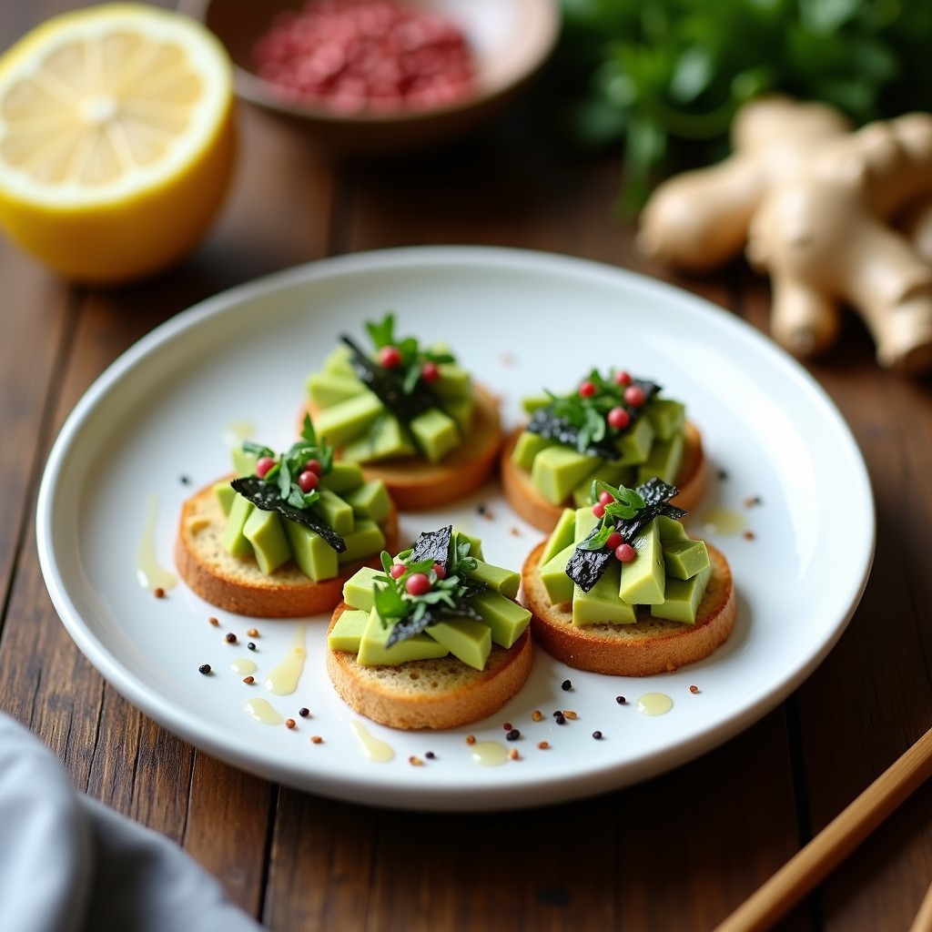 Tartar de algas nori y aguacate servido sobre tostadas de pan sin gluten, decorado con semillas de sésamo negro y cebollino fresco. Plato con fondo oscuro y toques de limón.