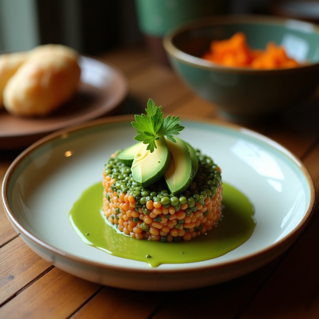 Tartar de algas nori y aguacate vegano servido en cucharitas de endibia, con semillas de sésamo negro y decoración de láminas de nori, sobre fondo de madera rústica.