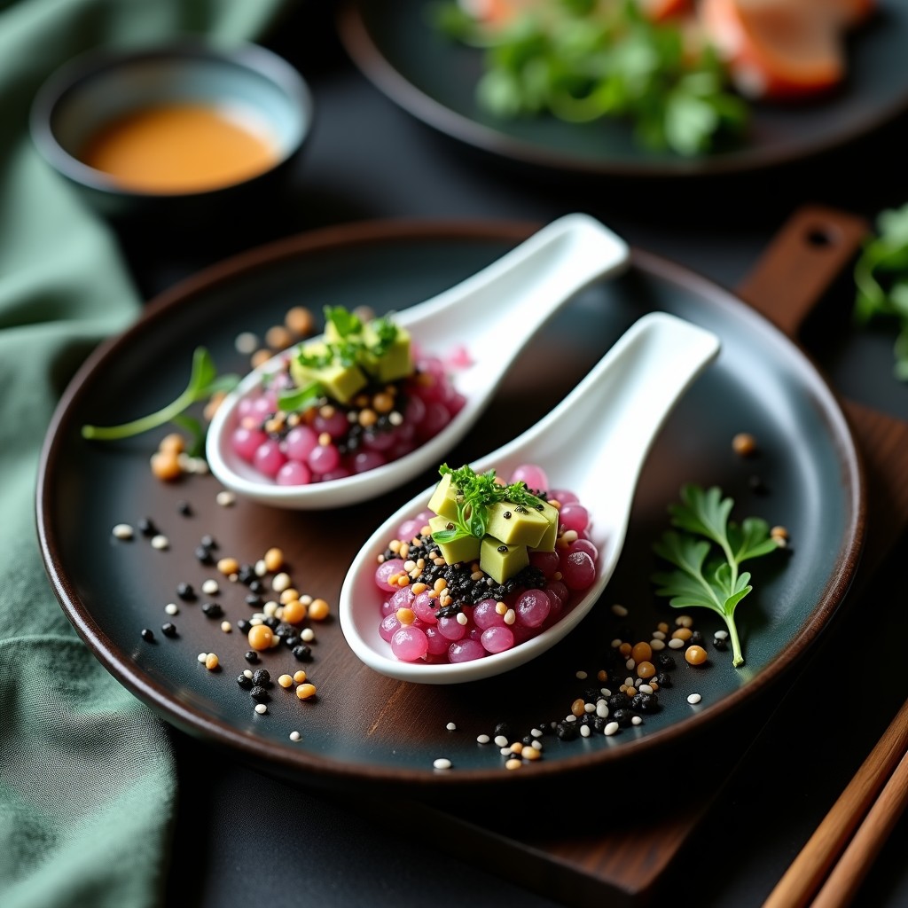 Tartar de algas nori y cebolla morada vegano con vinagreta de sésamo, servido en cucharitas de porcelana blanca sobre una tabla de madera oscura, decorado con semillas de sésamo negro y blanco, microvegetales y cubos de aguacate. Fondo desenfocado con tonos verdes y negros.