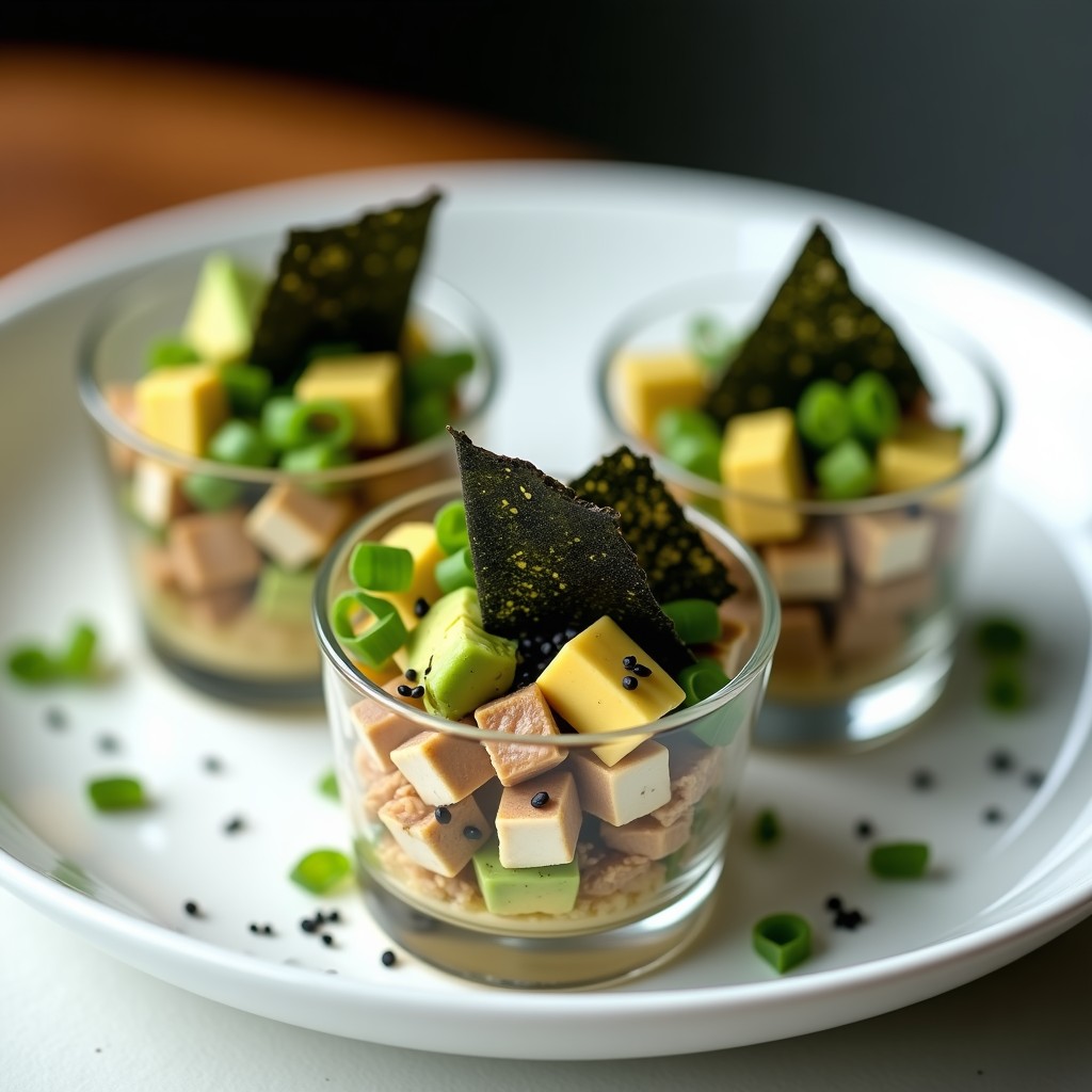 Tartar de algas nori y tofu ahumado servido en copas de cristal con semillas de sésamo negro y cebollino fresco, receta umami sin cocción.