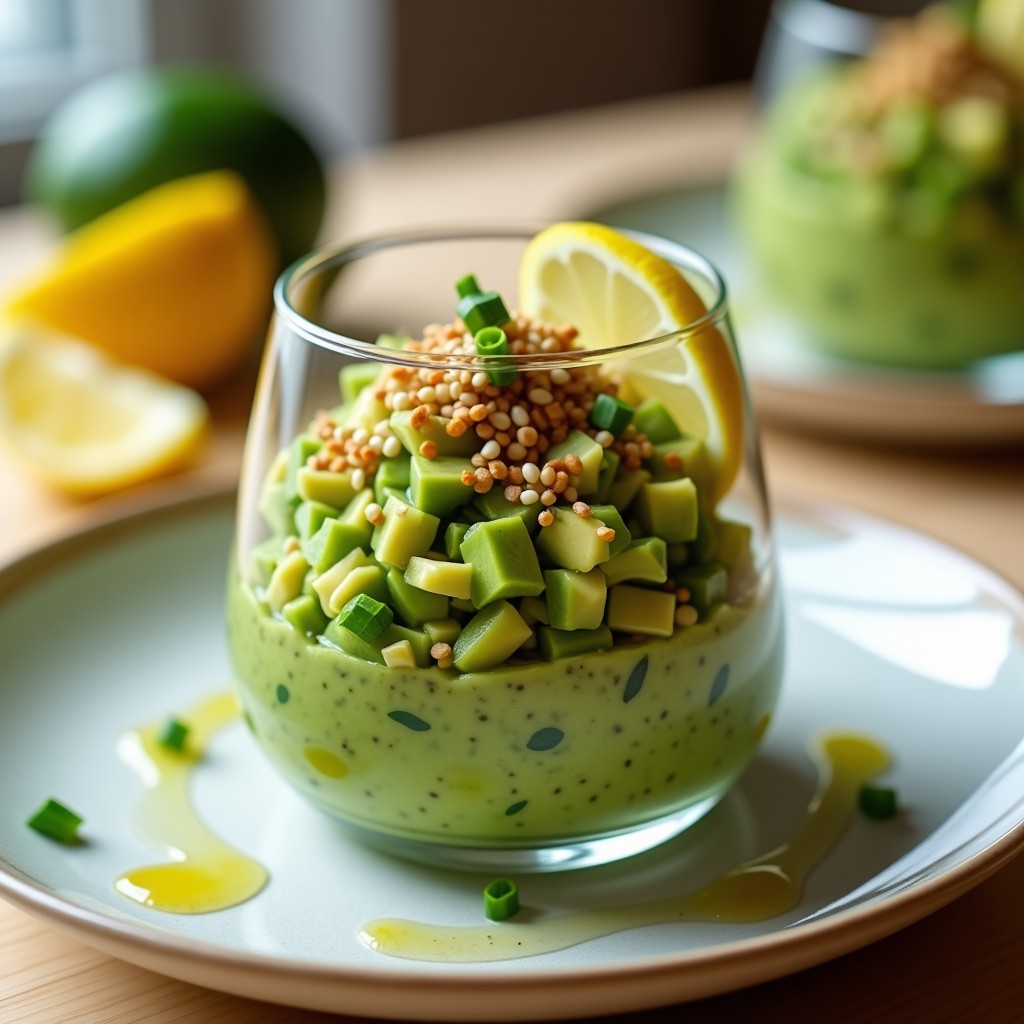 Tartar de algas wakame y aguacate con semillas de sésamo en copa de cristal transparente, decorado con ciboulette y rodajas de limón, receta japonesa sin cocción.