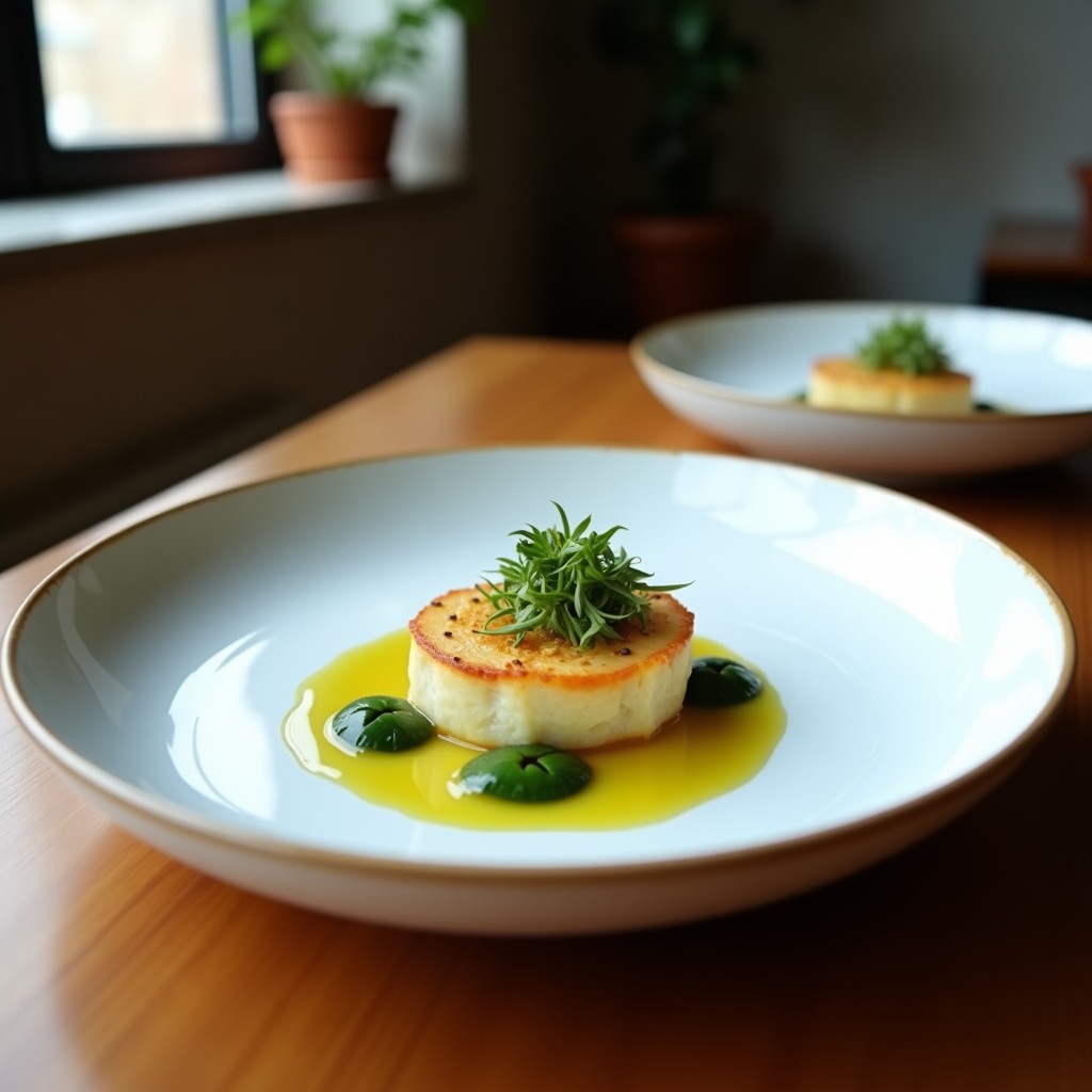 Plato de pizarra con tartar de algas wakame y tofu ahumado, decorado con semillas de sésamo negro y cebollino fresco, servido sobre tostadas integrales.