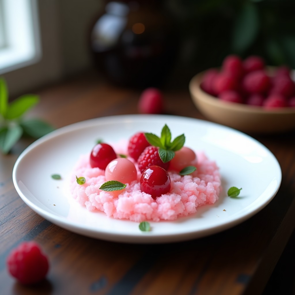 Plato blanco minimalista con tartar de algodón de azúcar esponjoso rosado, esferas de frambuesa brillantes y hojas de menta, postre molecular sin azúcar.