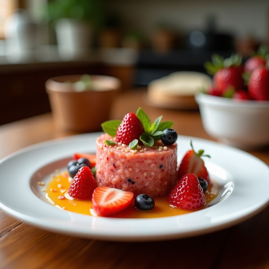Tartar de algodón de azúcar y fresas vegano sin azúcar, servido en copa de cristal con capas visibles de fresas rojas maceradas y algodón de azúcar esponjoso blanco, decorado con hojas de menta y semillas de chía, sobre fondo oscuro.