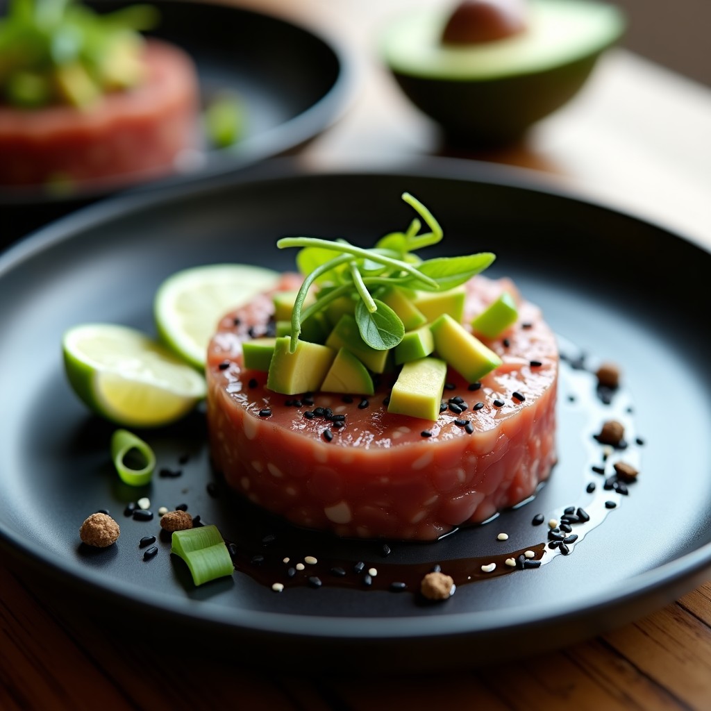 Tartar de atún ahumado y aguacate servido en molde redondo sobre plato negro, decorado con semillas de sésamo y cebollino, acompañado de tostadas y limón en rodajas.