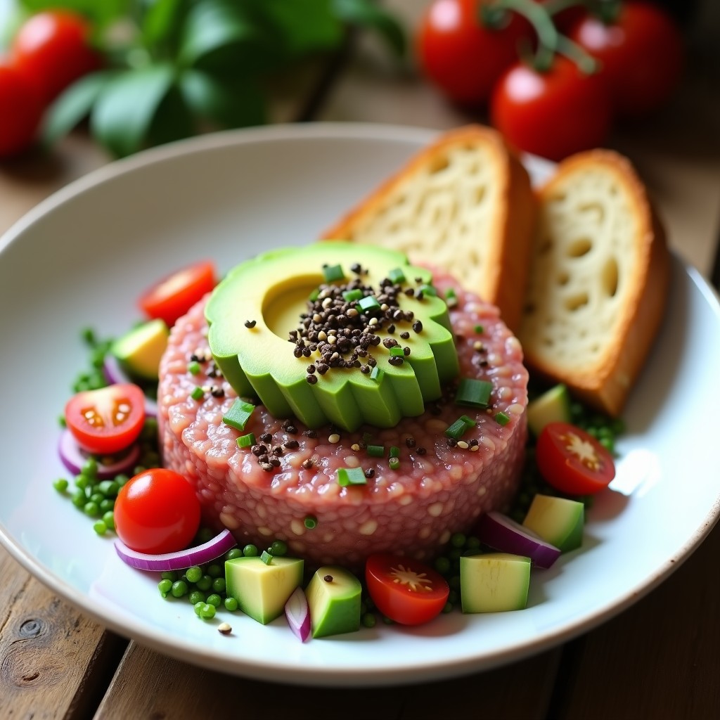 Plato de tartar vegano de atún con aguacate y algas nori, decorado con semillas de sésamo y cebollino, servido en un bol de cerámica blanca con tostadas de pan sin gluten al lado.