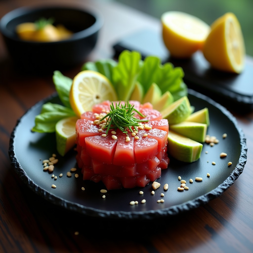 Plato blanco con tartar de atún y aguacate en cubos, decorado con semillas de sésamo y cebollino, acompañado de salsa ponzu y tostadas de pan sin gluten. Receta japonesa alta en proteína.