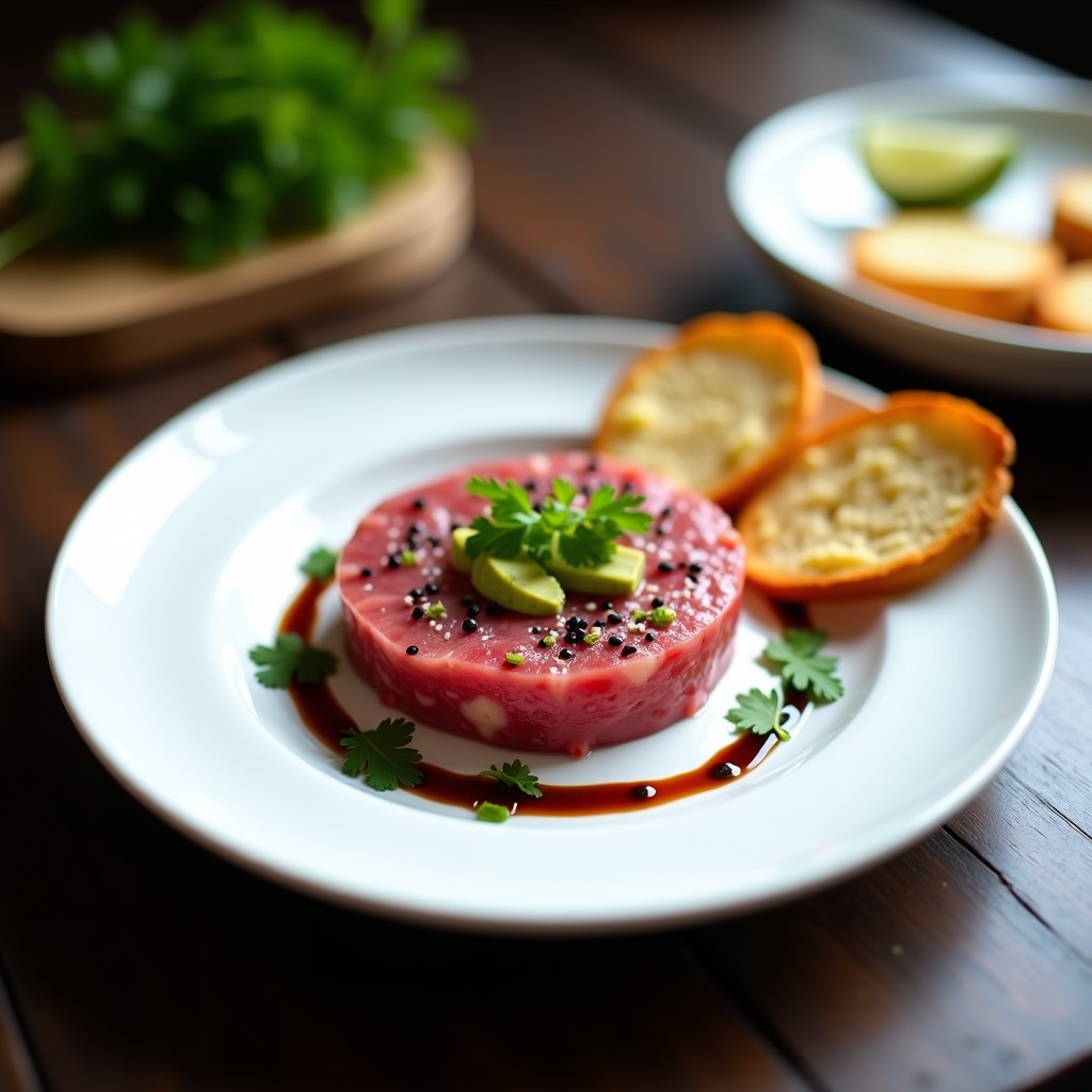 Plato blanco minimalista con tartar de atún con ajo negro y sésamo, decorado con semillas de sésamo negro, hojas de cilantro y pimienta rosa, acompañado de tostadas doradas.