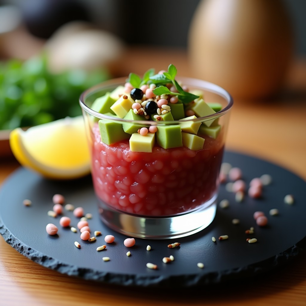 Tartar de atún rojo con aguacate y sésamo servido en copa de cristal, decorado con semillas de sésamo negro y blanco, rodajas de limón y cebollino fresco.