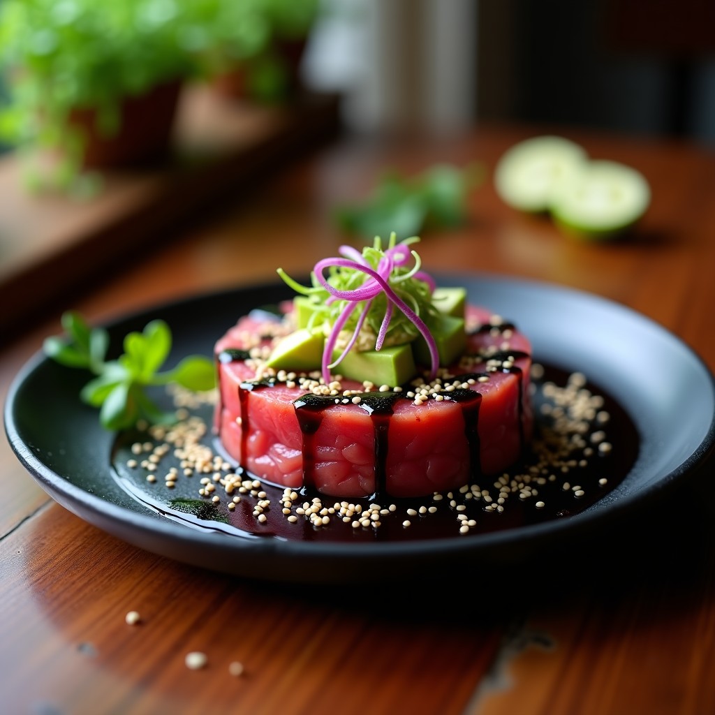 Plato blanco minimalista con tartar de atún rojo y aguacate en anillo de emplatado, decorado con semillas de sésamo tostado, cebollino picado y copos de algas nori, acompañado de un hilo de salsa de soja negra y aceite de sésamo.