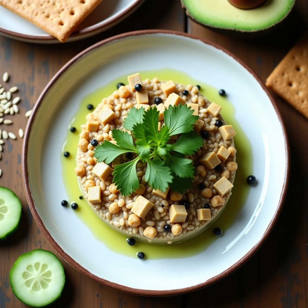 Plato blanco con tartar de avena y tofu ahumado crudivegano, decorado con perejil fresco y semillas de sésamo, acompañado de crackers integrales.