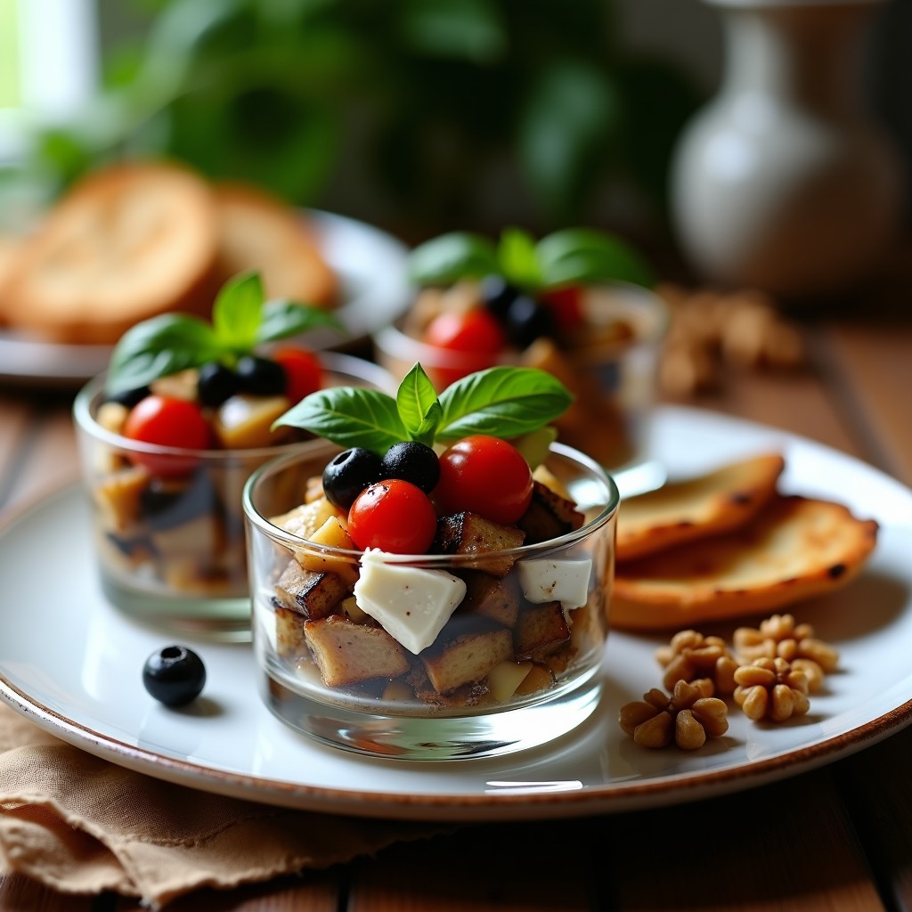 Tartar de berenjena ahumada y queso de cabra servido en copas de cristal, con rodajas de pan de pita tostado, nueces picadas y hojas de albahaca fresca como decoración.