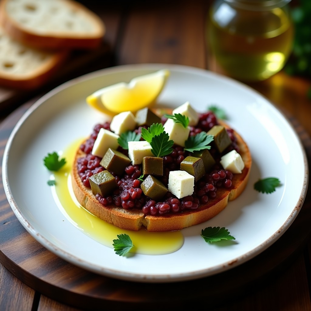 Plato blanco con tartar de berenjena ahumada, tofu desmenuzado y queso feta sobre rebanadas de pan integral tostado, decorado con perejil fresco y un hilo de aceite de oliva.