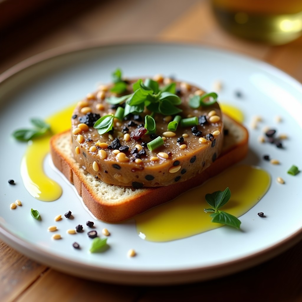 Plato blanco con tartar de berenjena ahumada y tofu desmenuzado, decorado con semillas de sésamo, ciboulette y algas nori, servido sobre tostadas integrales con un hilo de aceite de oliva.