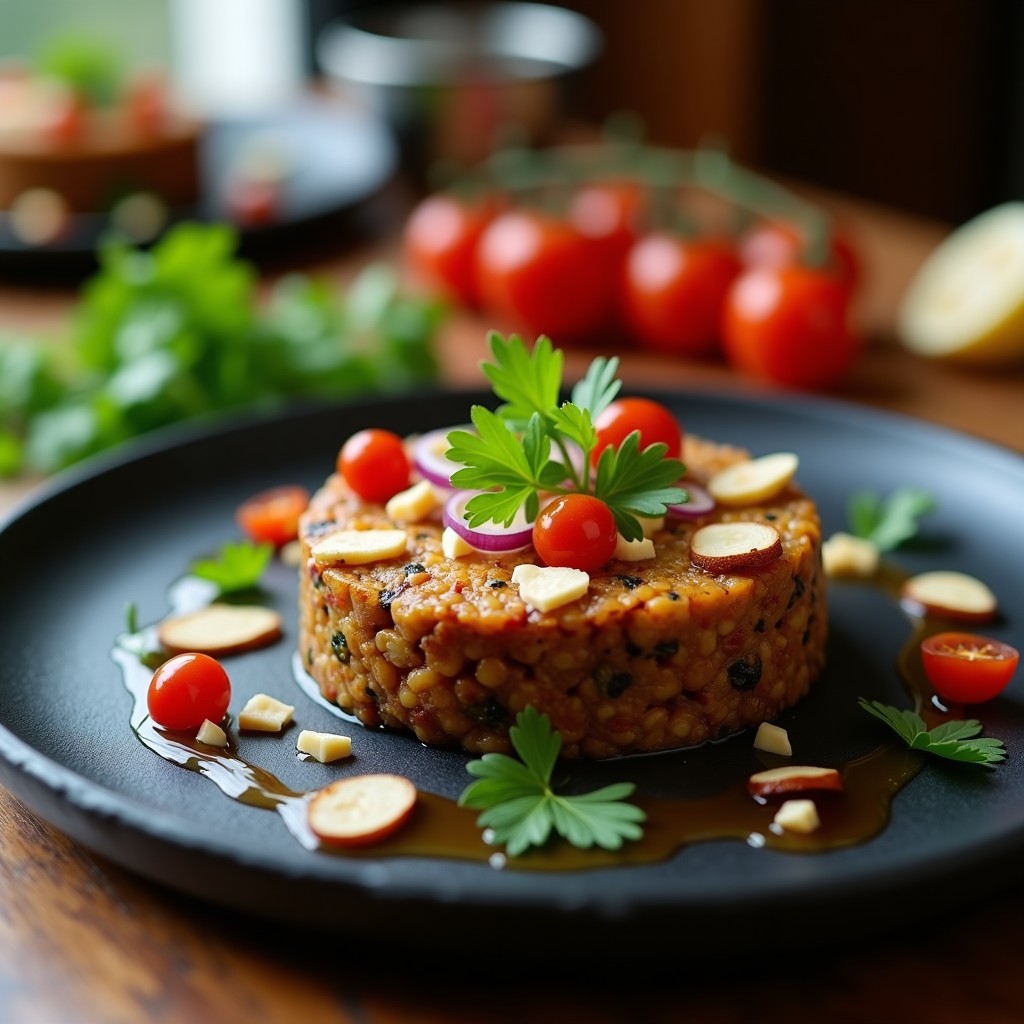 Plato de pizarra con tartar de berenjena ahumada, decorado con almendras tostadas, perejil fresco y un hilo de miel dorada. Receta vegana y sin gluten.