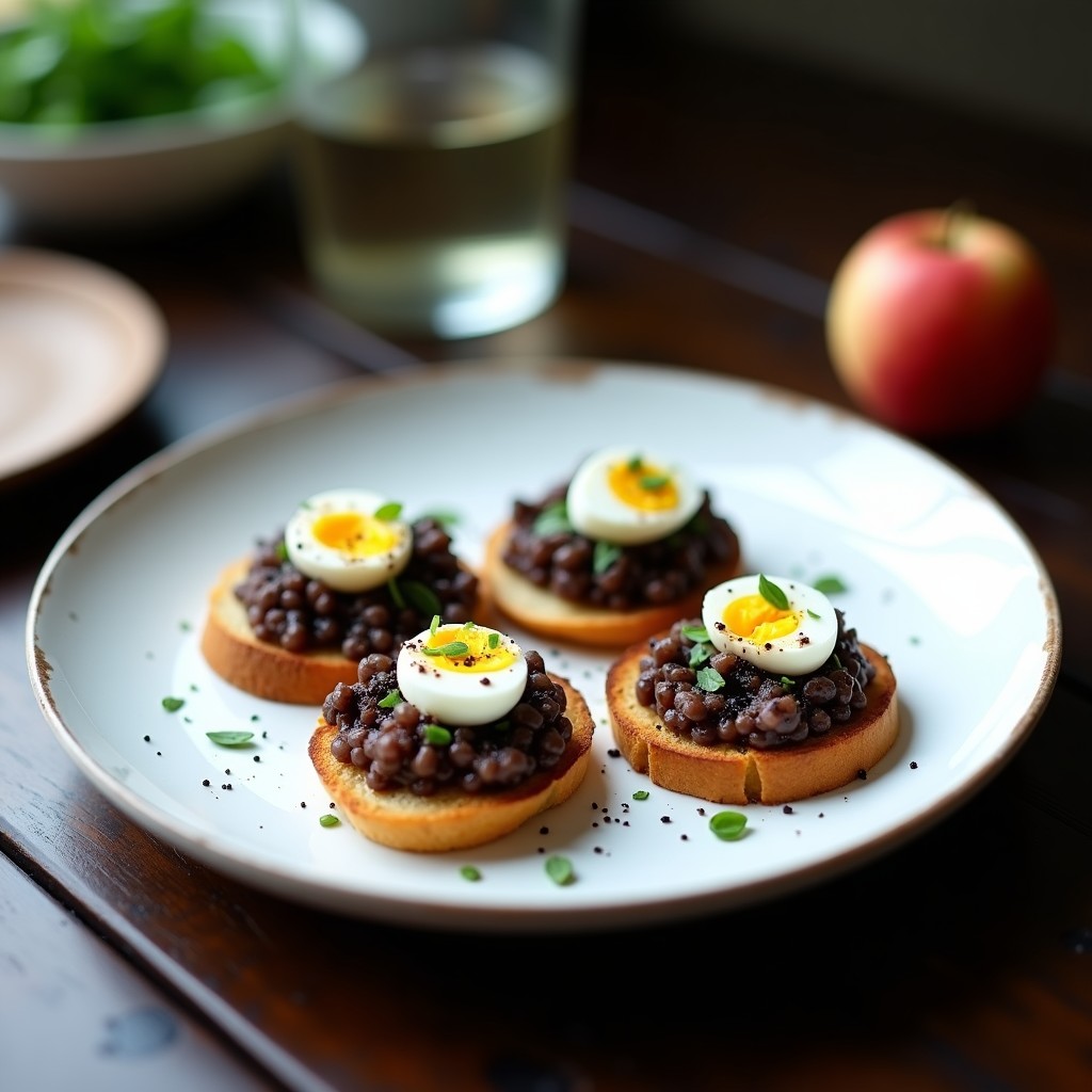 Plato blanco elegante con tartar de berenjena ahumada y trufa negra, servido sobre rebanadas de pan tostado sin gluten, decorado con huevo de codorniz y cebollino picado.