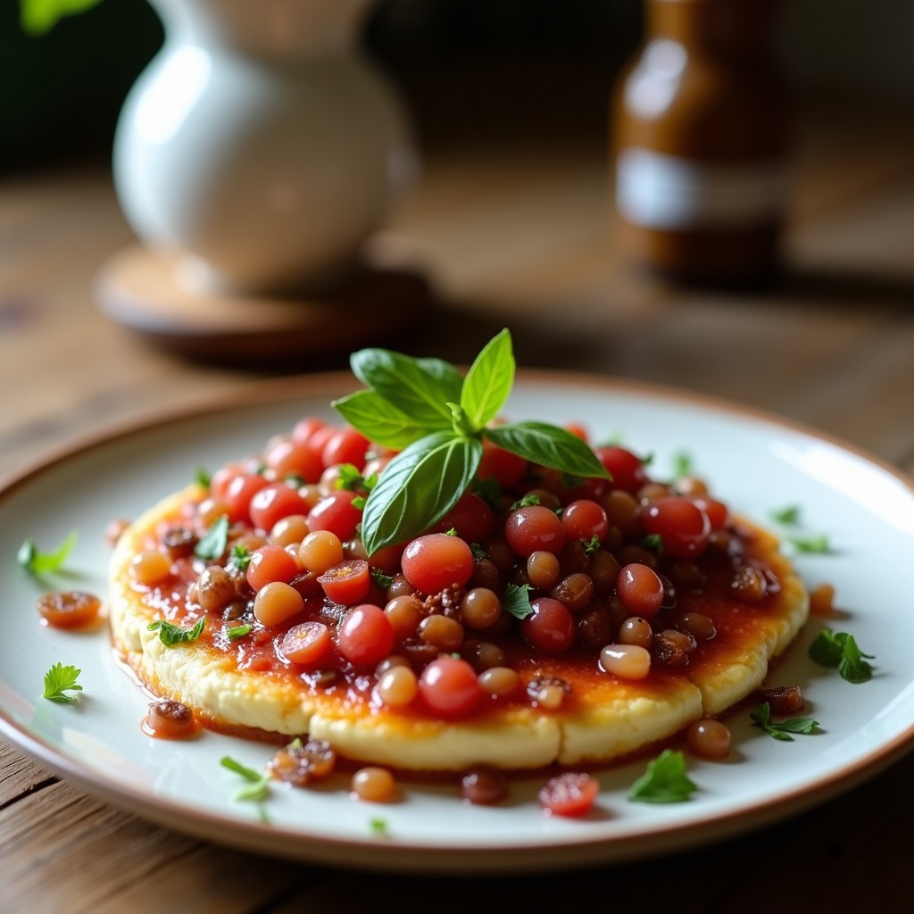 Tartar de berenjena ahumada vegano servido en un bol de cerámica blanca sobre una mesa rústica, acompañado de tostadas integrales y decorado con perejil fresco y semillas de sésamo.