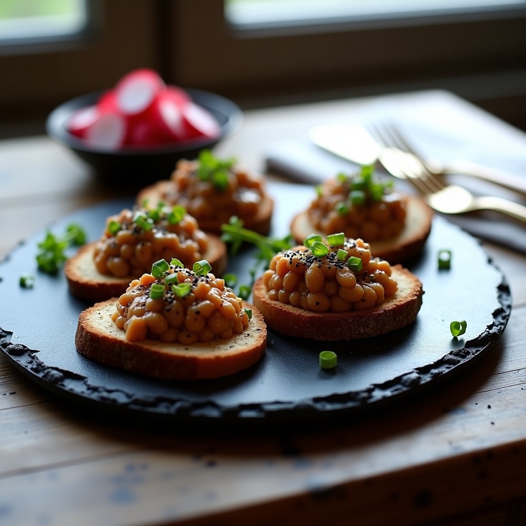 Plato de pizarra con tartar de café y tofu ahumado servido sobre rebanadas de pan de centeno tostado, decorado con cebollino fresco y semillas de sésamo negro, receta vegana alta en proteína.