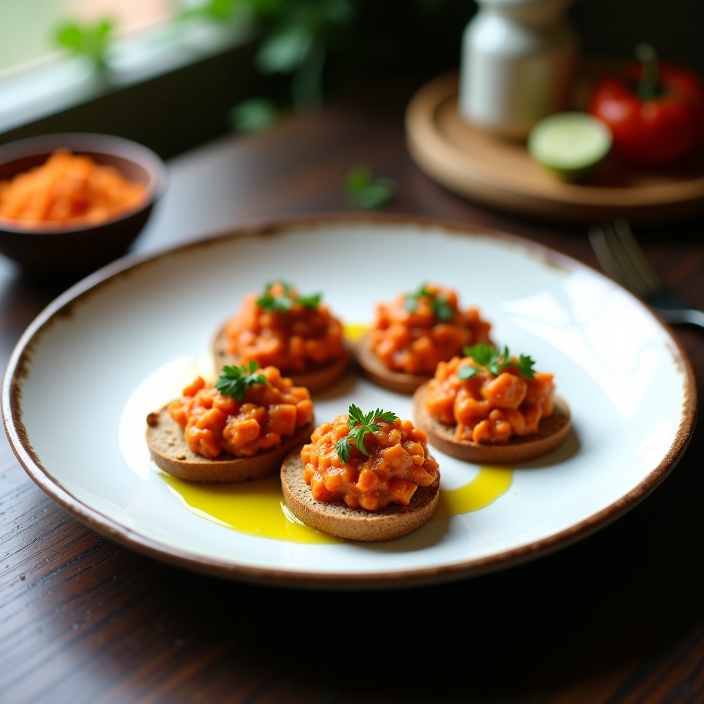 Plato blanco con tartar de calçots finamente picados mezclados con romesco vegano cremoso, servido sobre rebanadas de pan de trigo sarraceno tostado y decorado con perejil fresco.