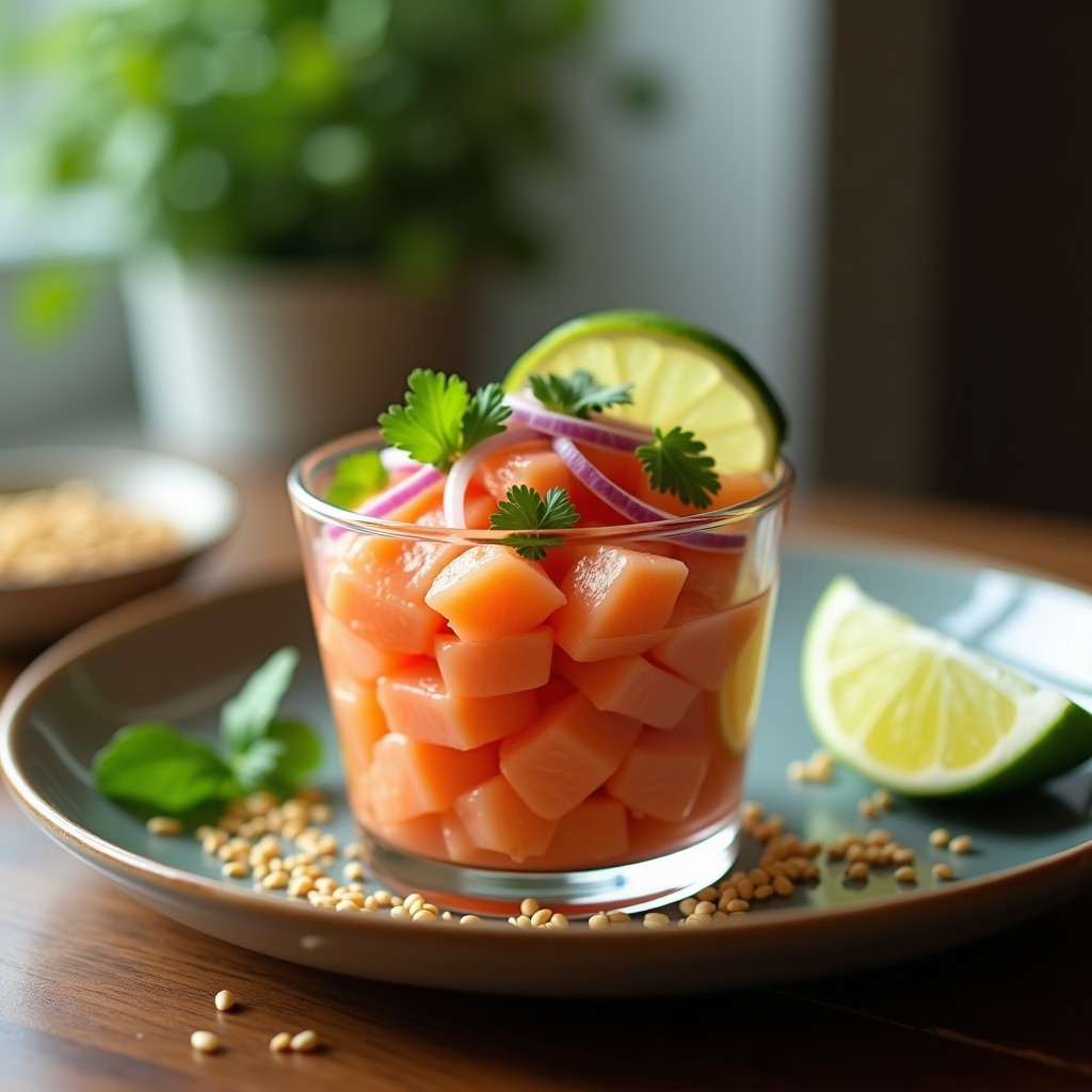 Tartar de lomo de salmón cebiche peruano servido en copa de cristal, con trozos de salmón rosado marinado en limón, cebolla morada, cilantro y semillas de sésamo, sobre fondo rústico.