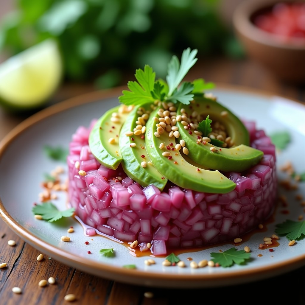 Tartar fresco de cebolla morada y aguacate con semillas de sésamo, servido en copa de cristal con decoración de cilantro y lima.
