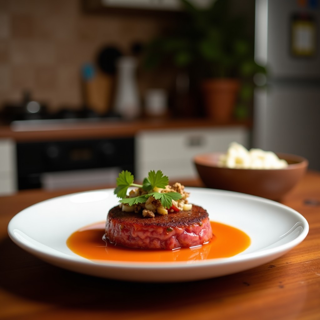 Plato de pizarra con tartar de cebolla morada y atún ahumado sobre rodajas de pan tostado integral, decorado con perejil fresco y alcaparras.