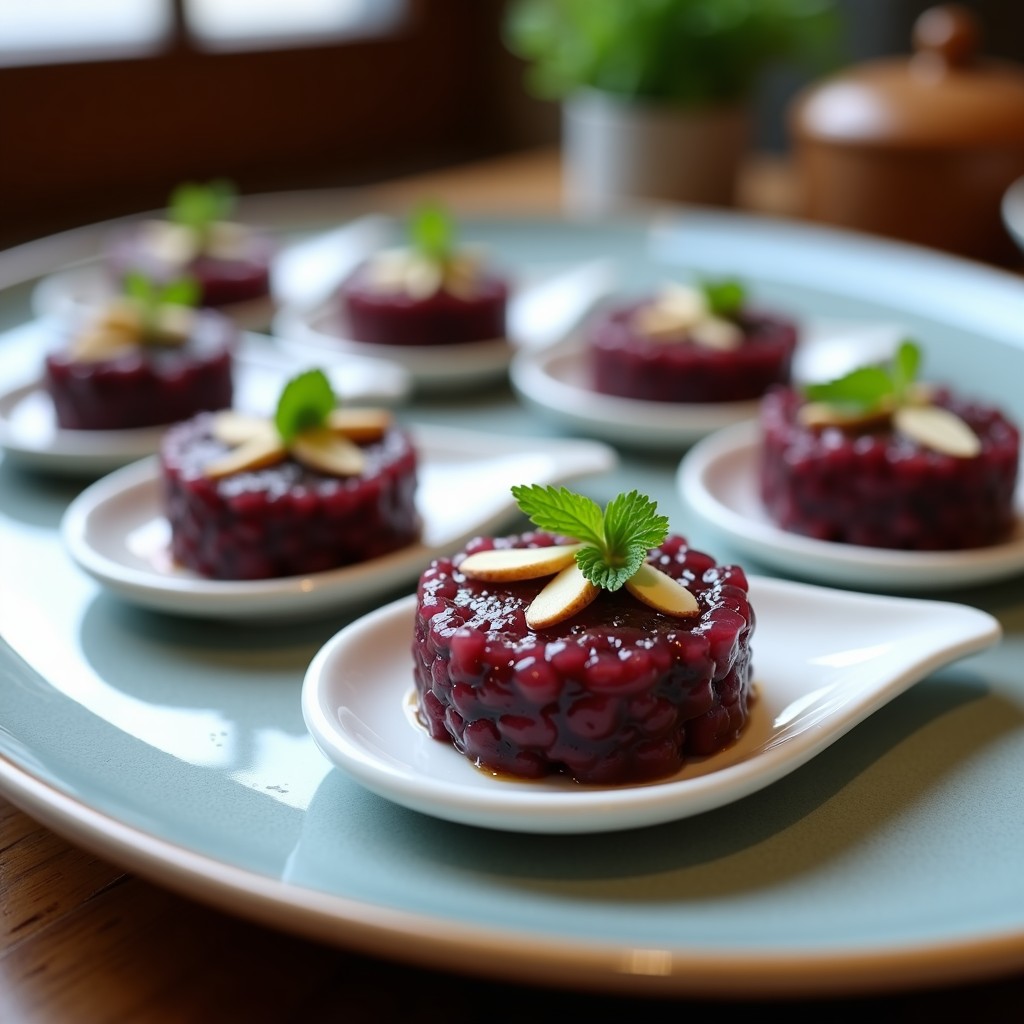 Tartar de cebolla morada y higo negro servido en cucharitas de porcelana blanca, con almendras fileteadas y hojas de menta fresca como decoración. Plato umami de colores vibrantes.