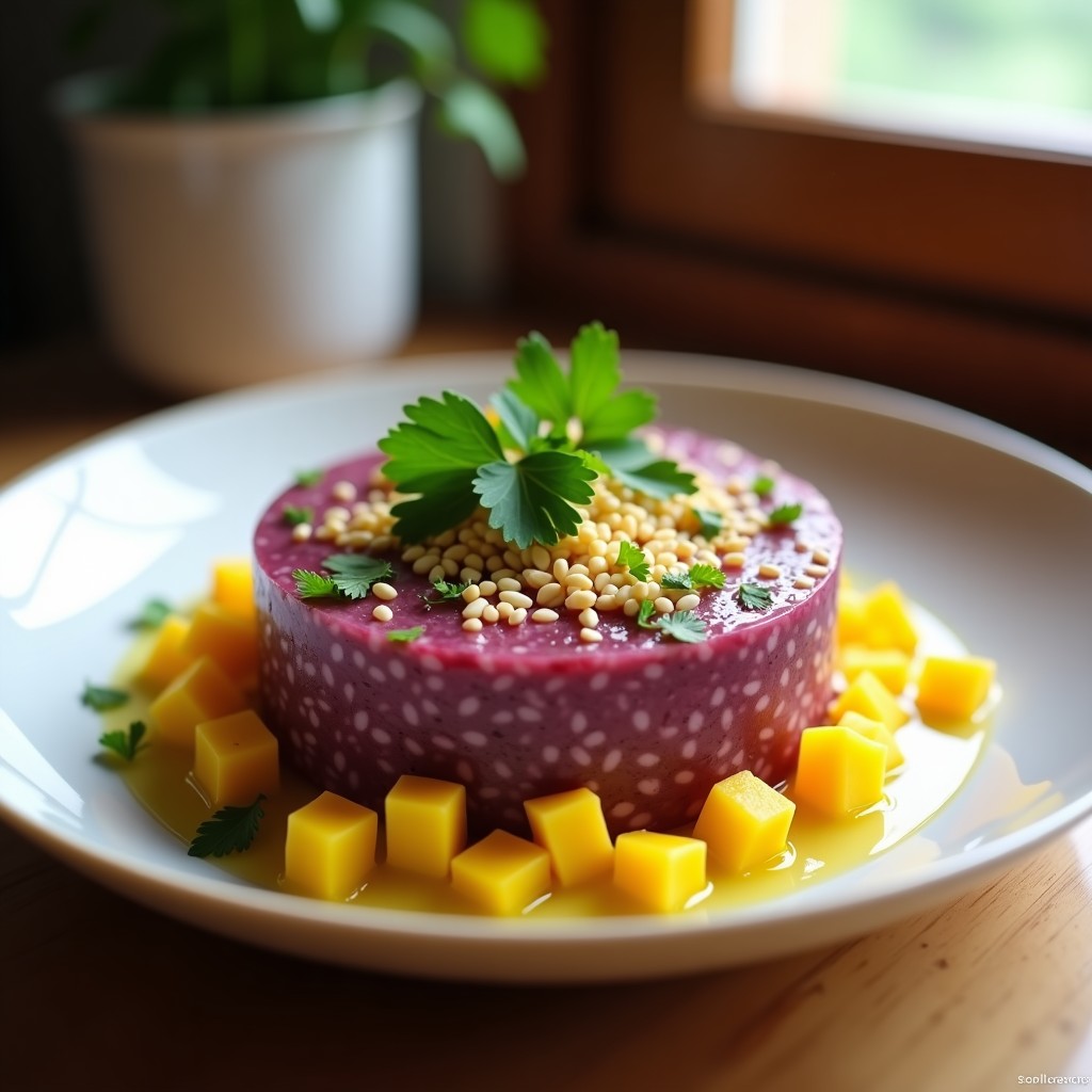 Tartar de cebolla morada y mango con ajonjolí servido en copa de cristal, con colores vibrantes morados y amarillos, decorado con hojas de cilantro y semillas de ajonjolí tostado.