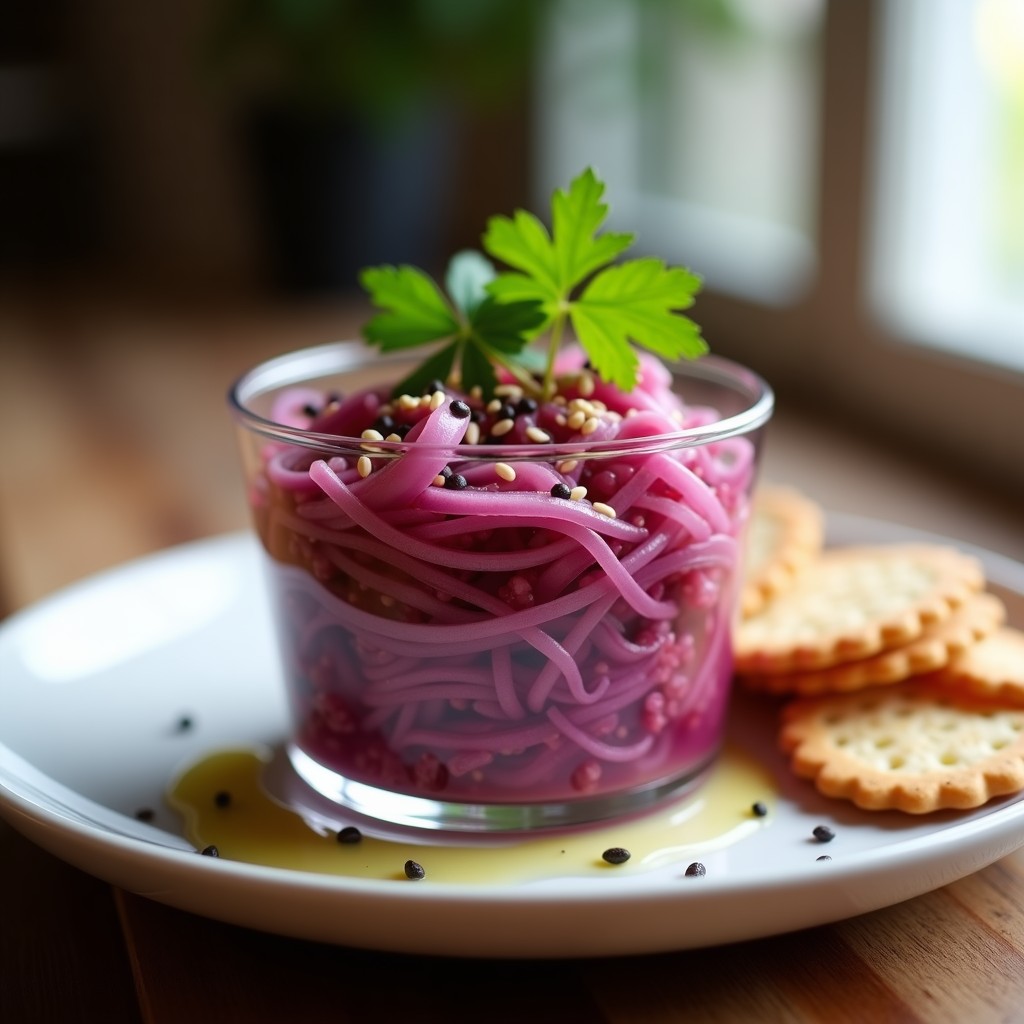 Tartar de cebolla morada en copa de cristal con vinagreta de cítricos, decorado con cilantro fresco y semillas de sésamo tostadas, servido como aperitivo elegante.