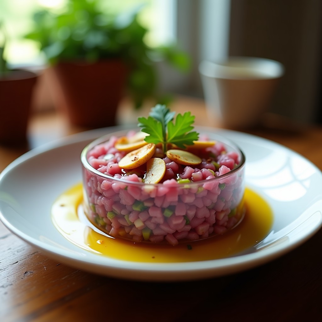 Copa de cristal transparente con tartar de cebolla morada, manzana verde y apio, bañado en vinagreta dorada de mostaza y miel, decorado con almendras tostadas y perejil fresco sobre fondo de madera rústica.