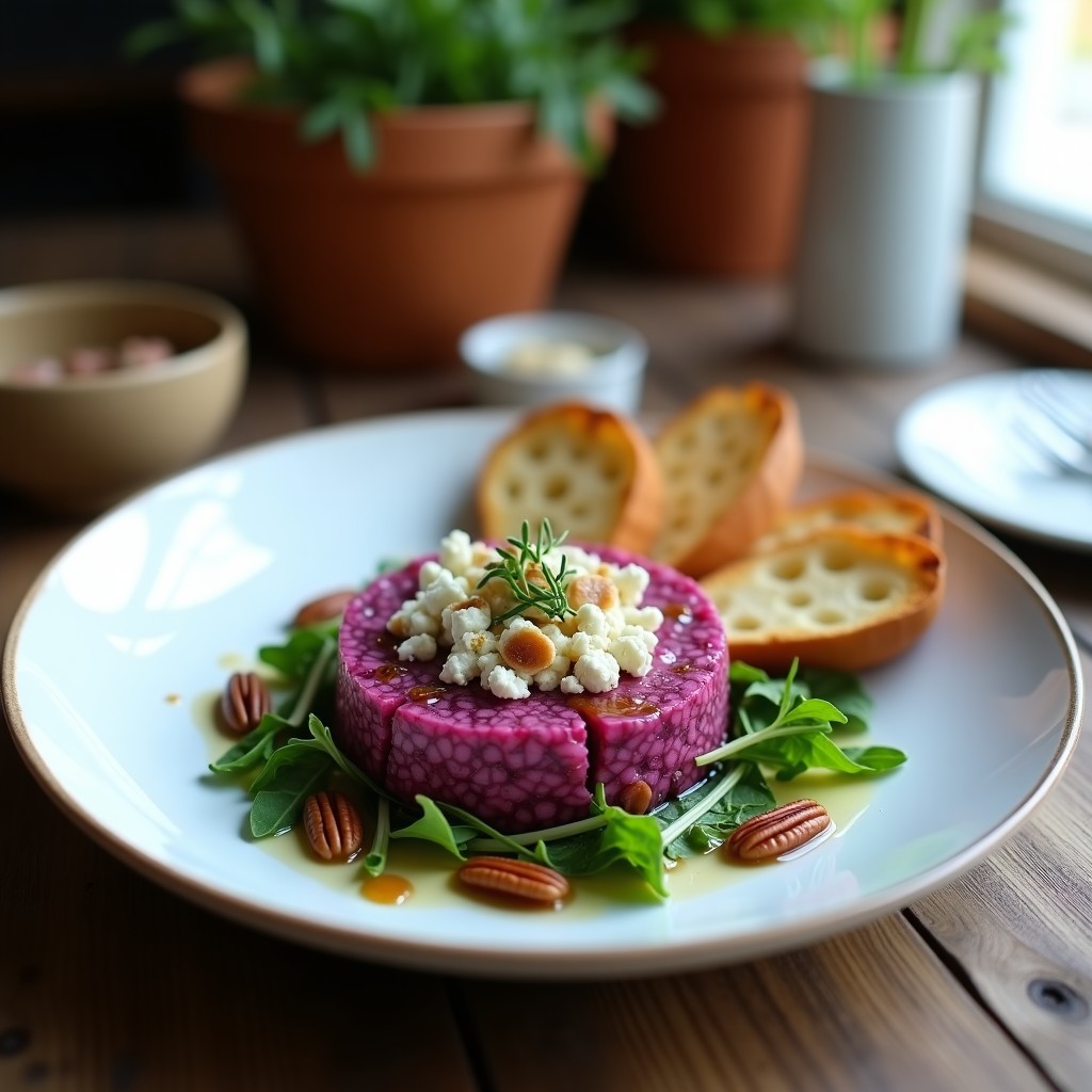 Plato elegante con tartar de cebolla morada y queso azul desmenuzado, decorado con nueces pecanas, rúcula fresca y un hilo de miel, acompañado de rebanadas de baguette tostado.