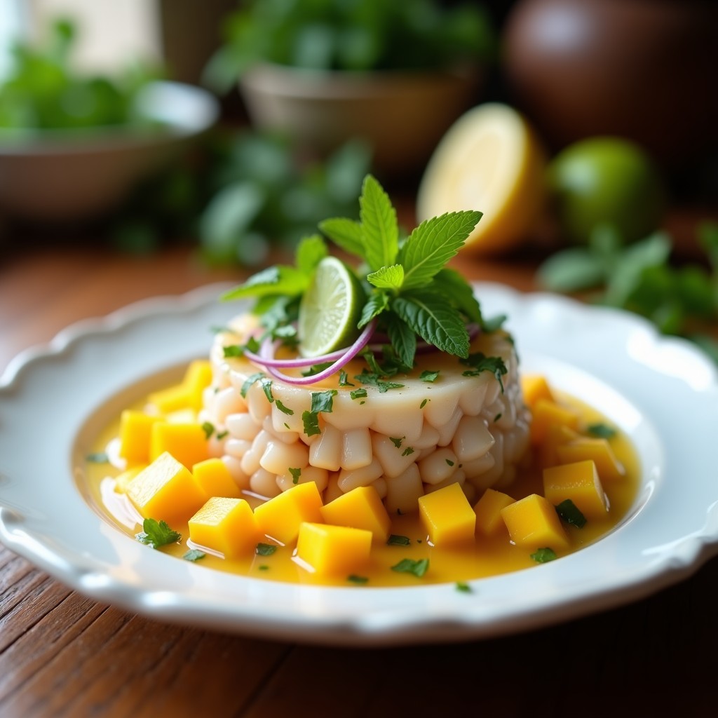 Plato blanco con tartar de ceviche de corvina y mango, cubos de pescado crudo y mango amarillo, decorado con cebolla morada, cilantro y hojas de hierbabuena sobre fondo rústico.