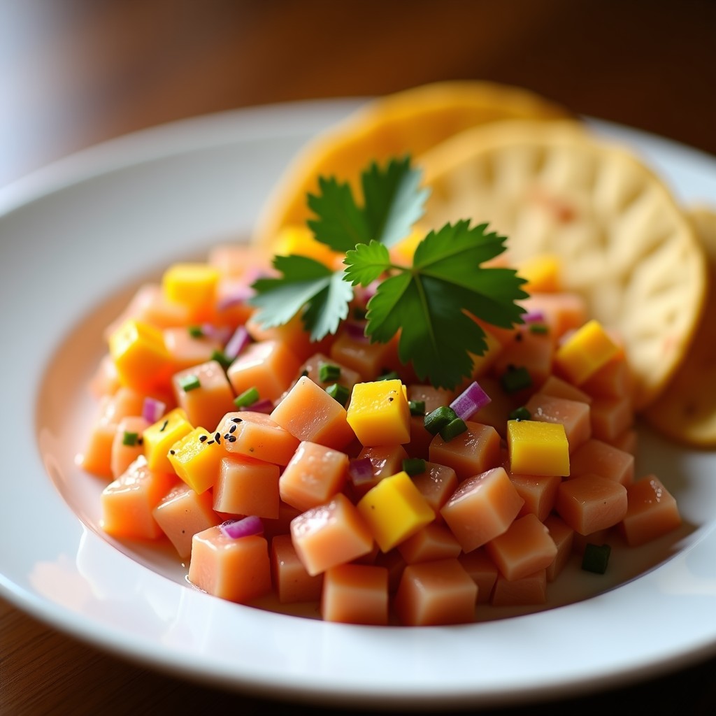 Plato blanco elegante con tartar ceviche de salmón y mango, decorado con semillas de sésamo y cilantro, servido con tostadas de maíz, receta airfryer.