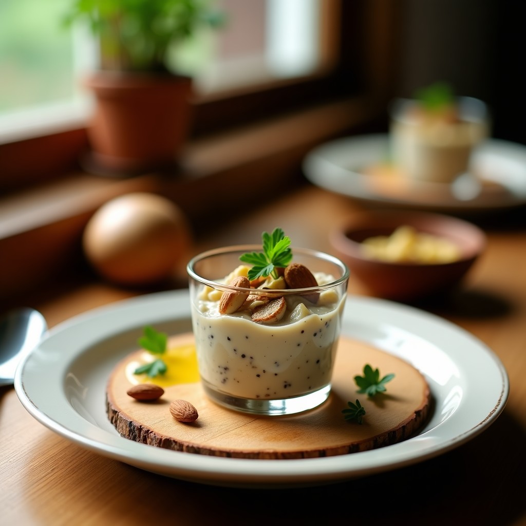 Tartar de champiñones ahumados y tofu servido en copa de cristal sobre tabla de madera, con almendras fileteadas y perejil fresco como decoración.