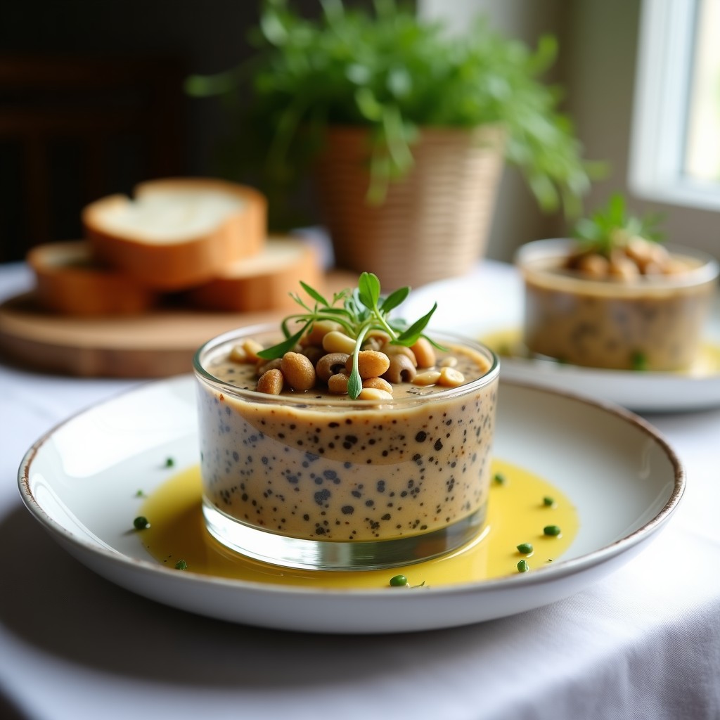 Tartar de champiñones Portobello con vinagreta de mostaza Dijón servido sobre hojas de endibia, decorado con nueces picadas y perejil fresco. Plato vegano y crudo con textura jugosa y colores vibrantes.