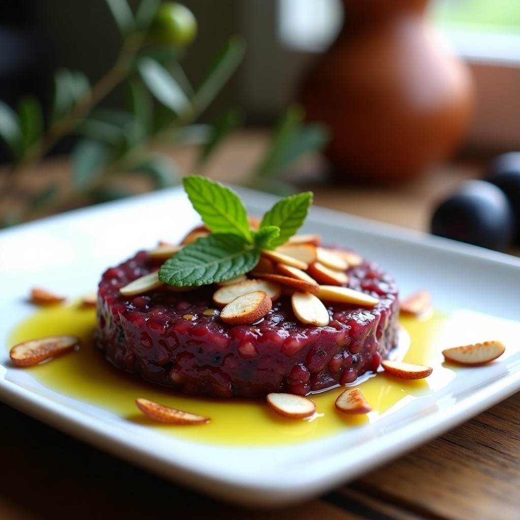 Plato blanco rectangular con tartar de ciruela negra y higos en cubos, decorado con almendras fileteadas, hojas de menta y un hilo de aceite de oliva virgen extra. Receta umami sin cocción.