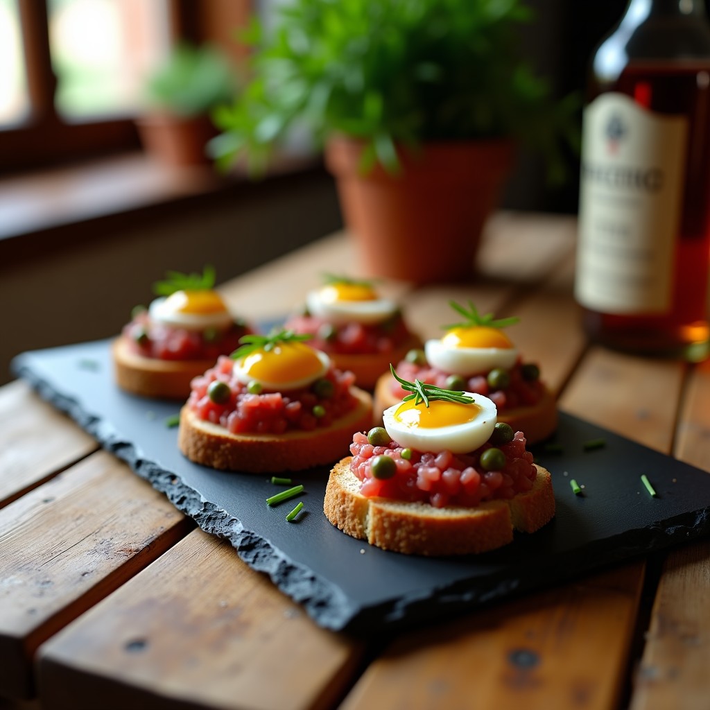 Tartar de cordero con encurtidos servido sobre pan tostado integral, coronado con huevo de codorniz y decorado con cebollino fresco, receta tradicional de Ciudad Real.