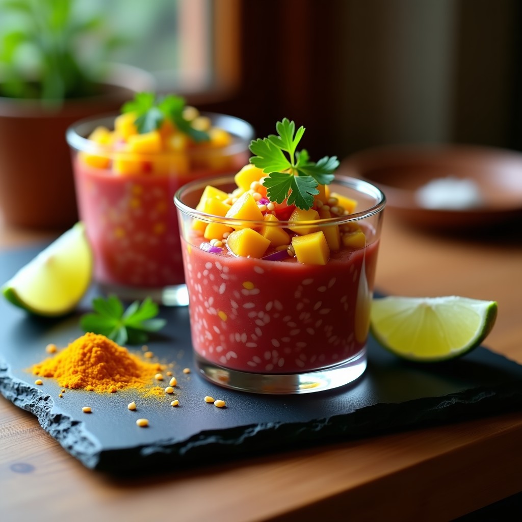 Tartar de atún rojo fresco en copa de cristal con cogote de mango, cebolla morada, culantro y ajonjolí tostado, servido con ají amarillo y limón al lado, receta peruana gourmet.