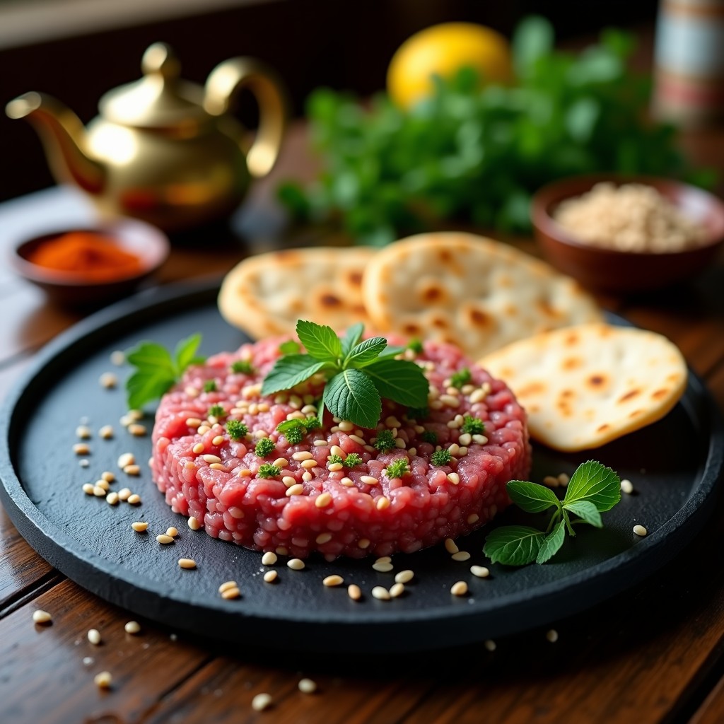Plato de pizarra con tartar de cordero picado fino, mezclado con cebolla morada, perejil y especias marroquíes, servido con pan pita integral y semillas de sésamo espolvoreadas.