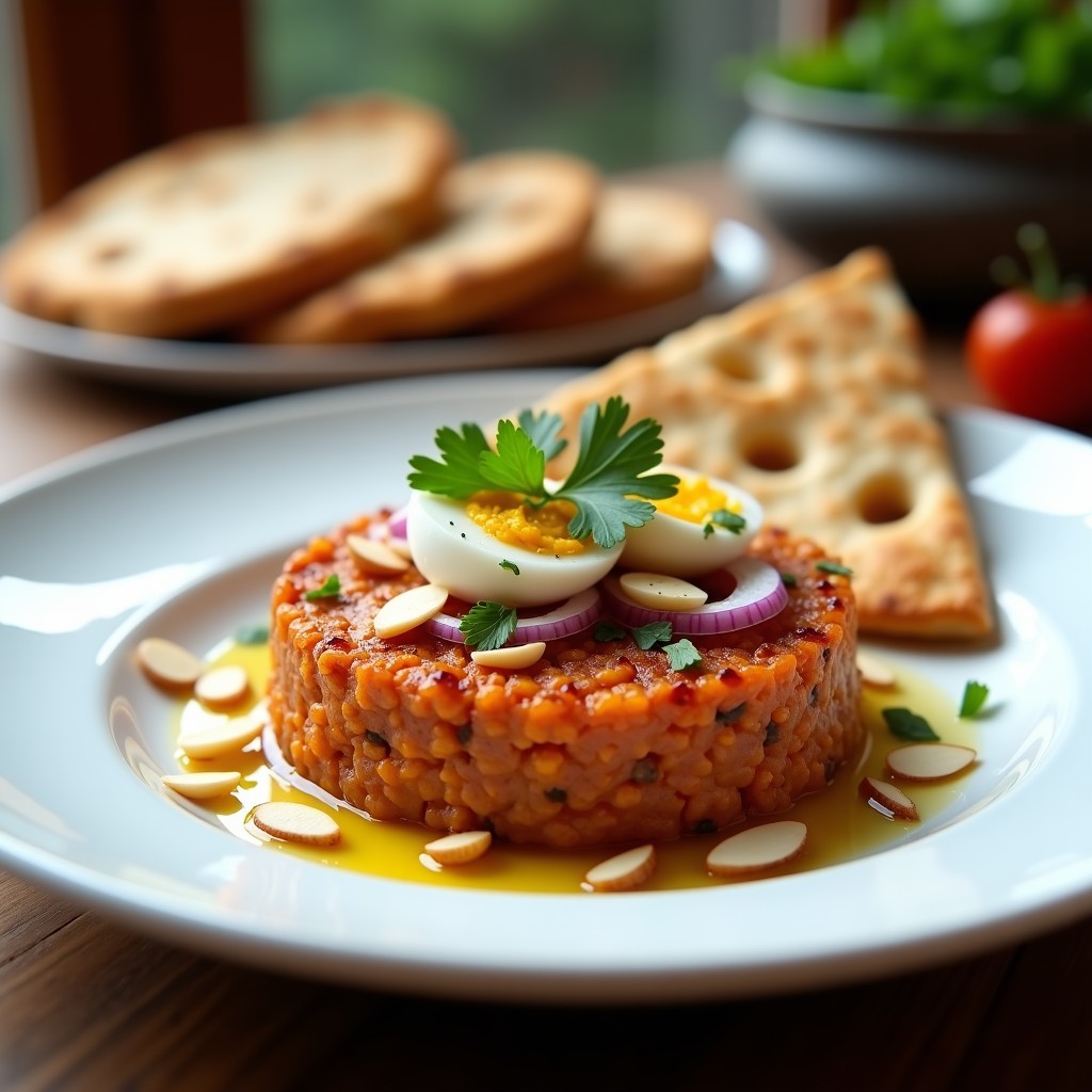 Plato de porcelana blanca con tartar de cordero finamente picado, decorado con almendras tostadas, huevos de codorniz y perejil fresco, acompañado de pan de pita tostado. Receta de tartar de cordero con especias marroquíes.
