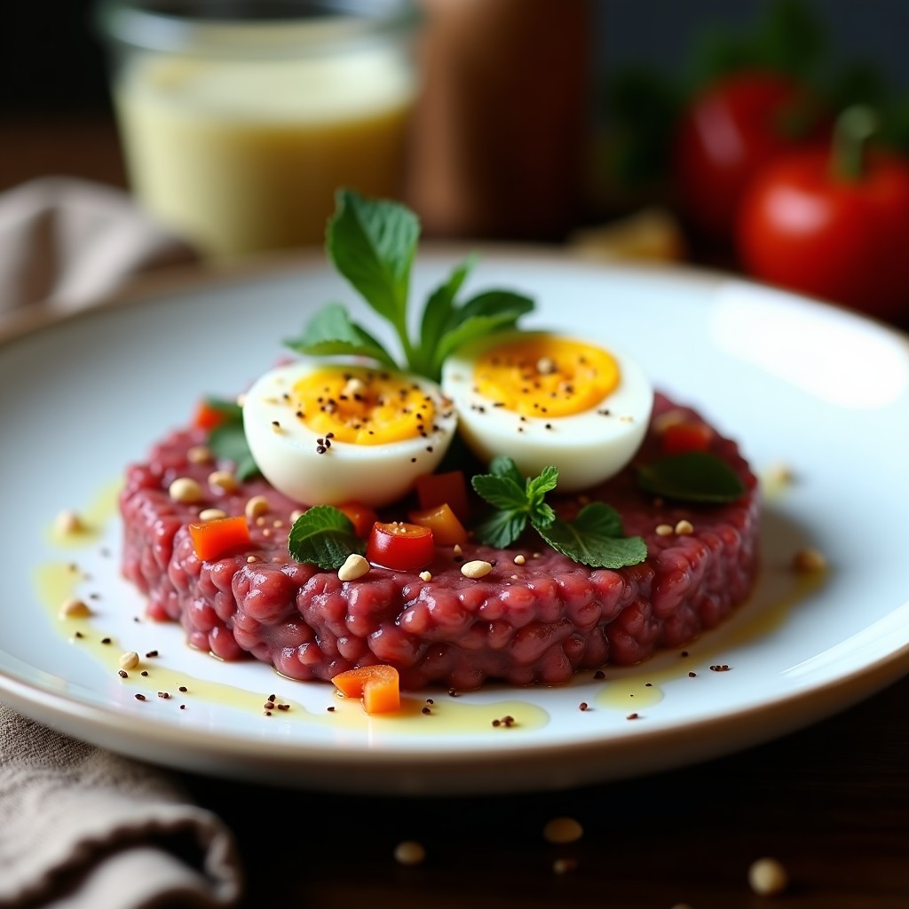 Plato blanco con tartar de cordero con ras el hanout, decorado con huevos de codorniz, semillas de sésamo y hierbas frescas, sobre fondo rústico de madera.