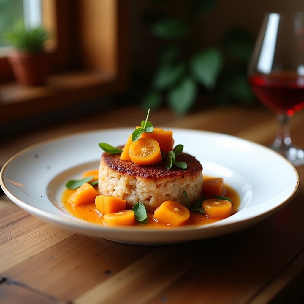 Plato de pizarra con tartar de cordero finamente picado, granos de granada rojos brillantes, hojas de menta fresca y rebanadas de pan tostado integral, receta gourmet alta en hierro.