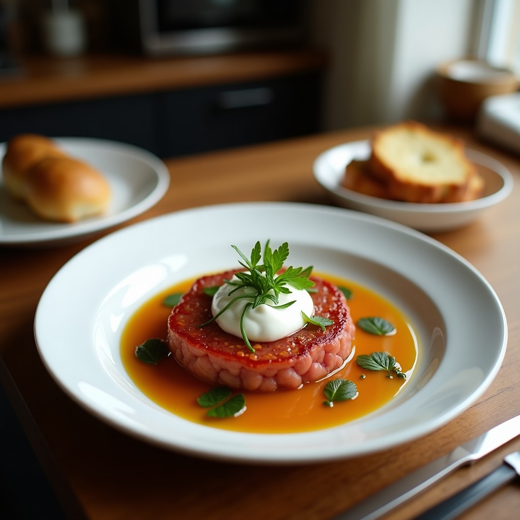 Plato blanco elegante con tartar de cordero crudo mezclado con yogur griego, cebolla morada, hierbas frescas y semillas de sésamo, servido con pan de pita tostado al lado.