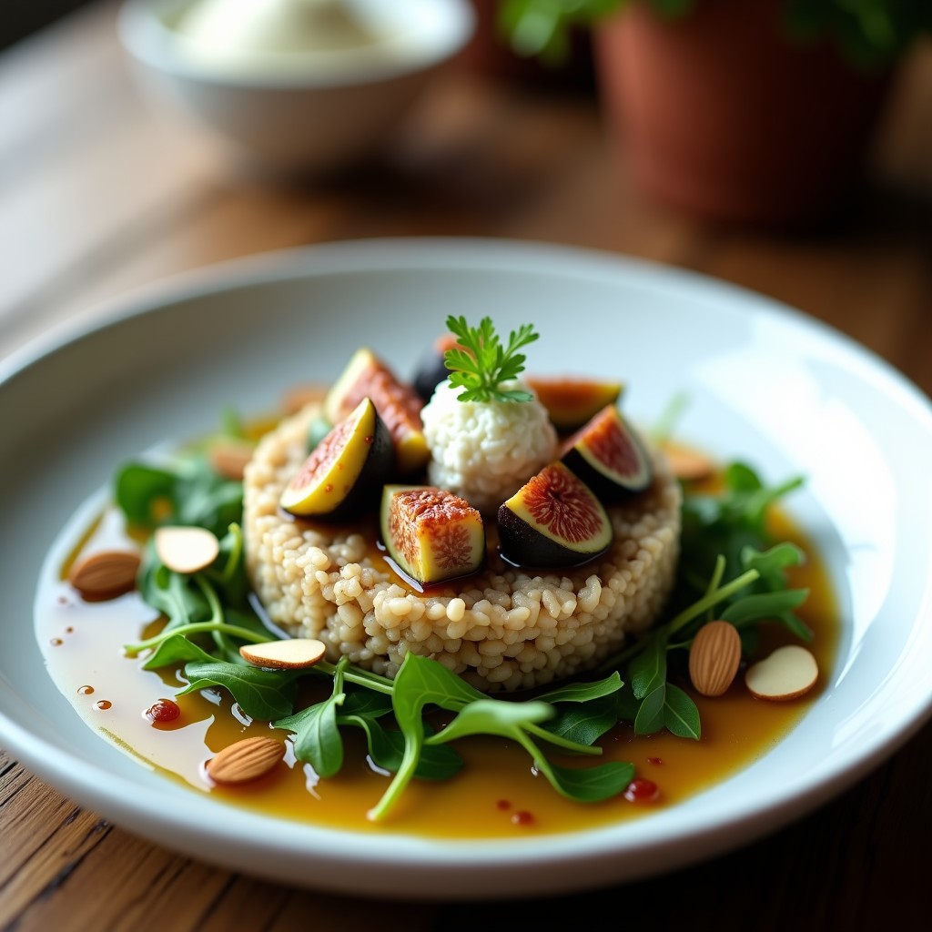 Plato blanco elegante con tartar de corujo, higos negros en cubos y queso de cabra desmenuzado sobre hoja de rúcula, decorado con almendras tostadas y hilo de aceite de oliva.